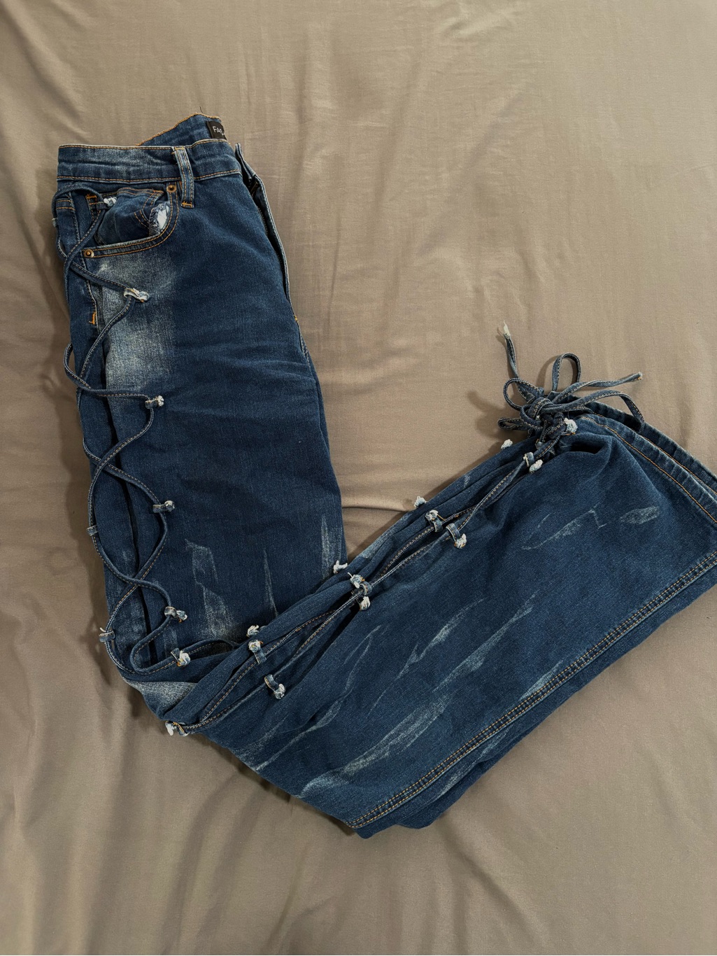 Fashion Nova Dark Blue Lace-Up Distressed Jeans